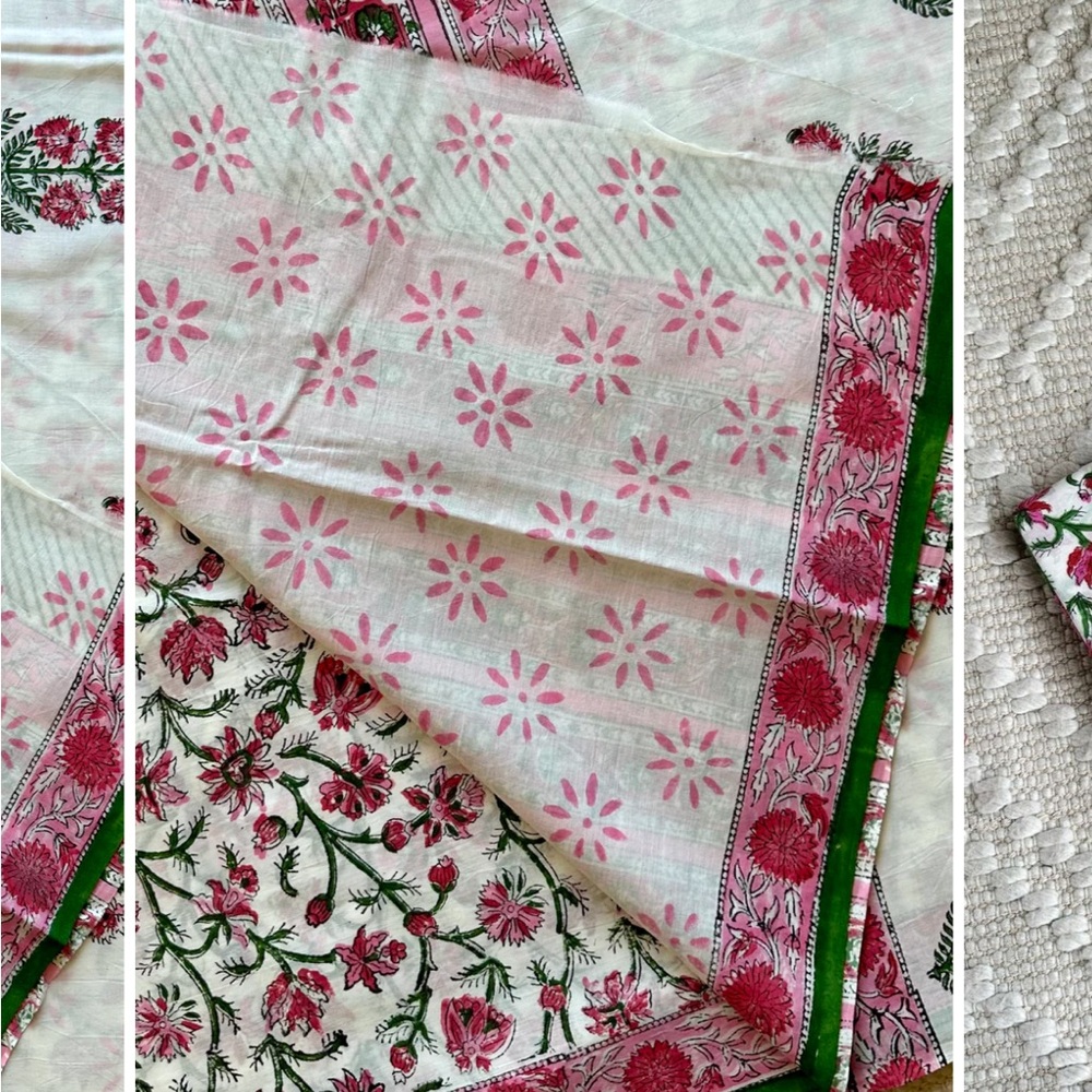 Floral Print Fabric with Pink and Green Accents New block Print cotton Saree - Picture 10 of 15
